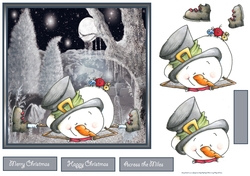 Snowman chilin out 7x7 card with decoupage and sentiment tags