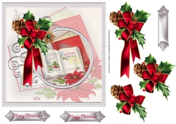 Christmas book and holly 7x7 card with decoupage
