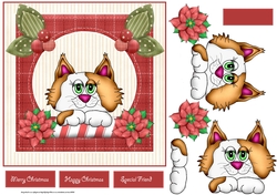 Peeping Christmas kitten 7x7 card with decoupage