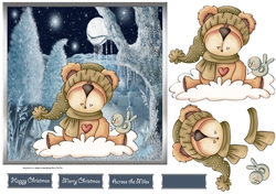 Cosy bear and the little bird 7x7 card with decoupage