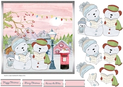 Snowman carol singers is a 7x7 card with decoupage