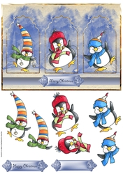 Dancing penguins panel card with decoupage and sentiment tags