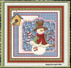 Happy snowman and birdhouse