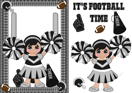 Football Cheerleader Greeting Card Black and Silver and Black Hair