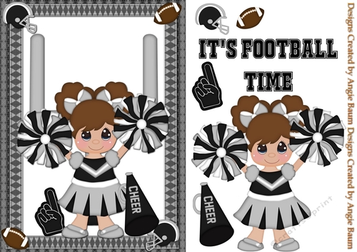 Football Cheerleader Greeting Card Black and Silver and Brunette Hair