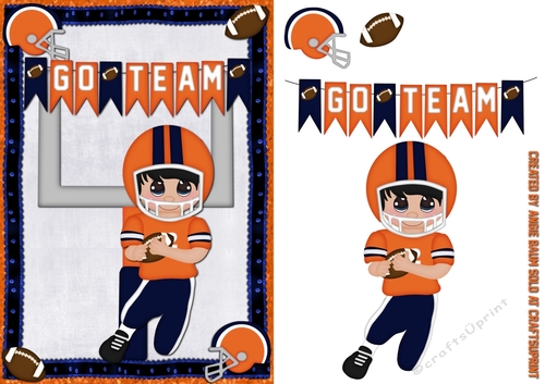 Football Players Greeting Card Blue and Orange Black Hair