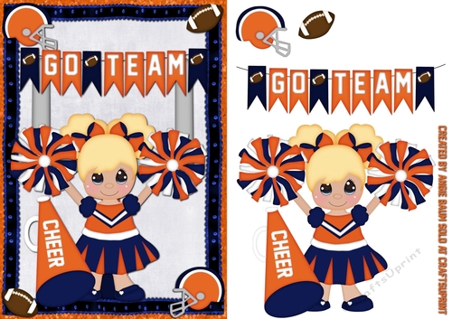 Football Cheerleaders Greeting Card Blue and Orange Blonde Hair