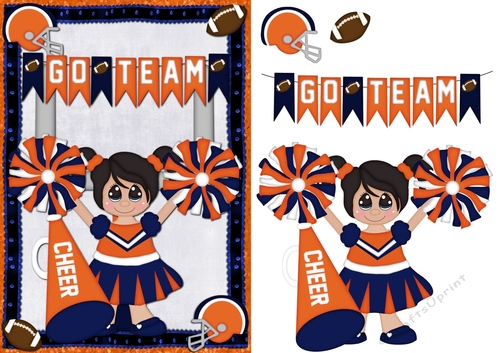 Football Cheerleaders Greeting Card Blue and Orange Black Hair