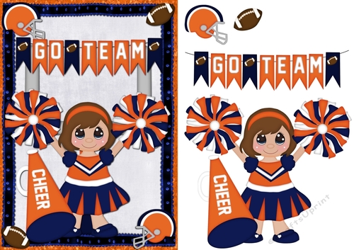 Football Cheerleaders Greeting Card Blue and Orange Brunette Hair