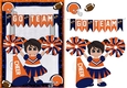 Football Cheerleaders Greeting Card Blue and Orange Black Hair