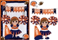 Football Cheerleaders Greeting Card Blue and Orange Brunette Hair