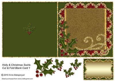 Holly & Christmas Swirls Cut & Fold Blank Card 1