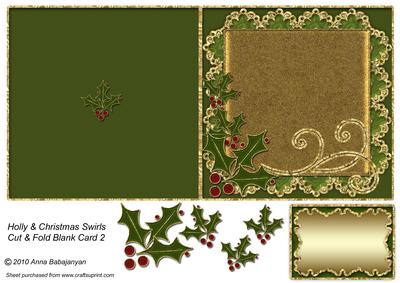 Holly & Christmas Swirls Cut & Fold Blank Card 2