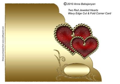 Two Red Jeweled Hearts Wavy Edge Cut & Fold Corner Card