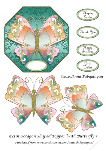 5x5in Octagon Shaped Topper With Butterfly 3