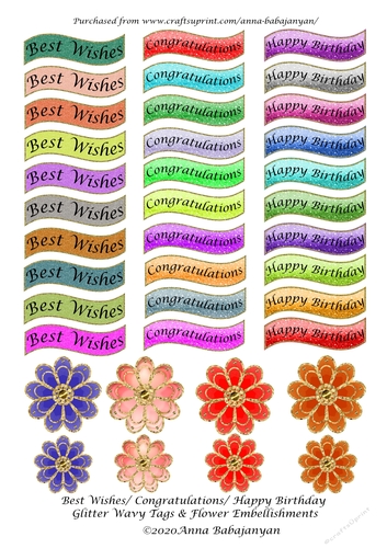 Best Wishes/ Congratulations/ Happy Birthday Glitter Wavy Tags & Flower Embellishments