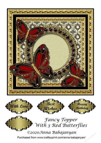 Fancy Topper With 3 Red Butterflies