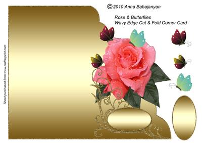 Rose & Butterflies Cut & Fold Scalloped Corner Card