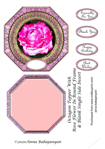 Octagon Topper With Rose Flower In Round Frame & Blank Single Side Insert