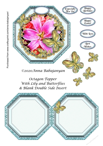 Octagon Topper With Lily and Butterflies & Blank Double Side Insert