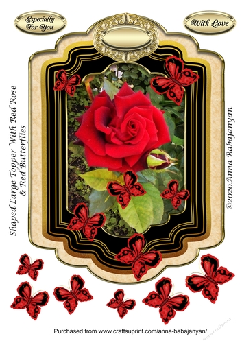 Shaped Large Topper With Red Rose & Red Butterflies