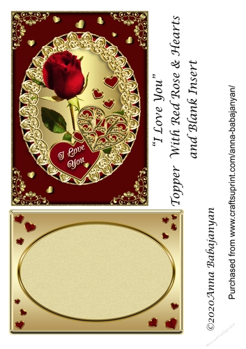 I Love You Topper With Red Rose & Hearts and Blank Insert