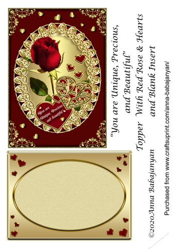 You are Unique, Precious, and Beautiful Topper With Red Rose & Hearts and Blank Insert