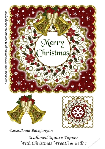 Scalloped Square Topper With Christmas Wreath & Bells 1