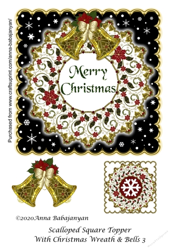 Scalloped Square Topper With Christmas Wreath & Bells 3