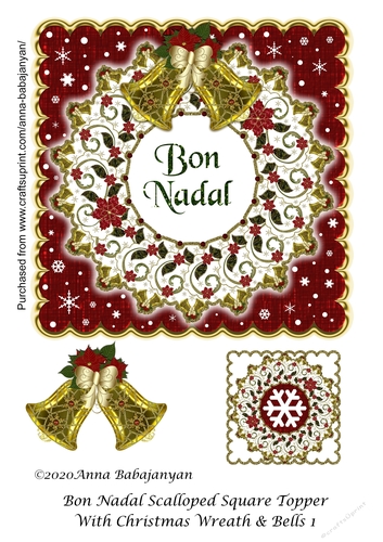 Bon Nadal Scalloped Square Topper With Christmas Wreath & Bells 1