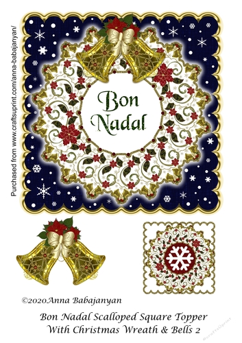 Bon Nadal Scalloped Square Topper With Christmas Wreath & Bells 2