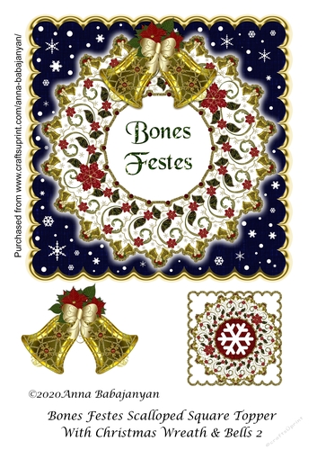 Bones Festes Scalloped Square Topper With Christmas Wreath & Bells 2