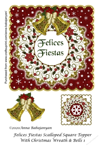 Felices Fiestas Scalloped Square Topper With Christmas Wreath & Bells 1