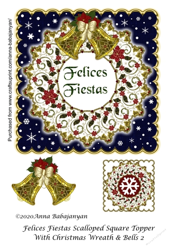Felices Fiestas Scalloped Square Topper With Christmas Wreath & Bells 2