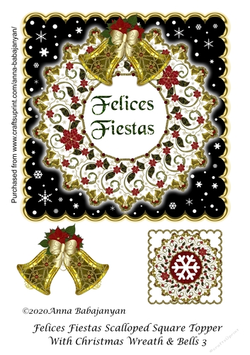 Felices Fiestas Scalloped Square Topper With Christmas Wreath & Bells 3