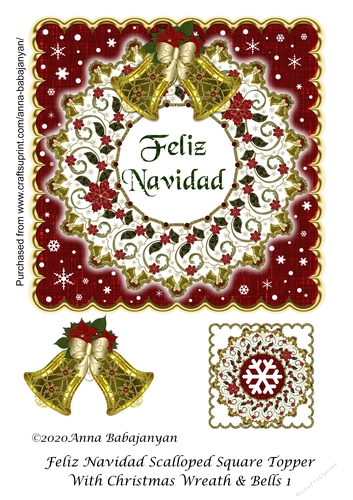 Feliz Navidad Scalloped Square Topper With Christmas Wreath & Bells 1