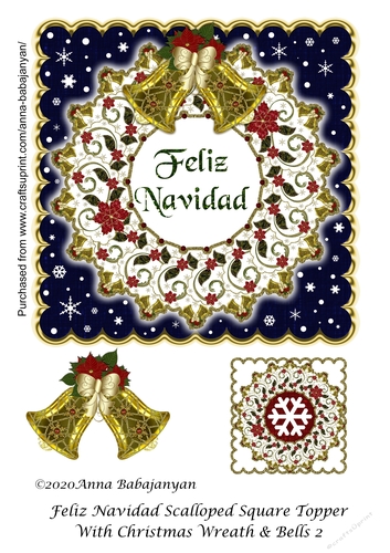 Feliz Navidad Scalloped Square Topper With Christmas Wreath & Bells 2