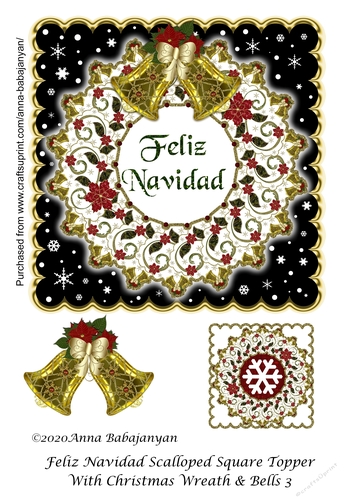 Feliz Navidad Scalloped Square Topper With Christmas Wreath & Bells 3