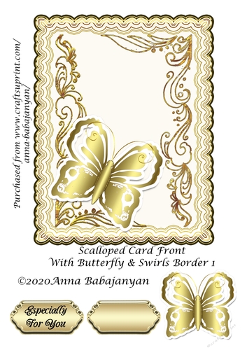 Scalloped Card Front With Butterfly & Swirls Border 1