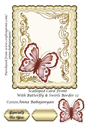 Scalloped Card Front With Butterfly & Swirls Border 12