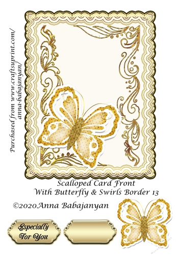 Scalloped Card Front With Butterfly & Swirls Border 13