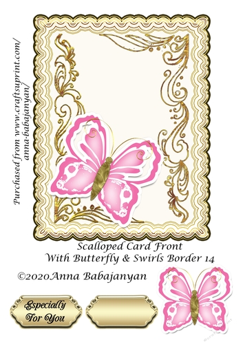 Scalloped Card Front With Butterfly & Swirls Border 14