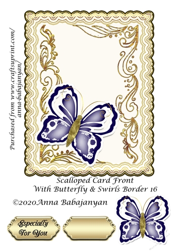 Scalloped Card Front With Butterfly & Swirls Border 16