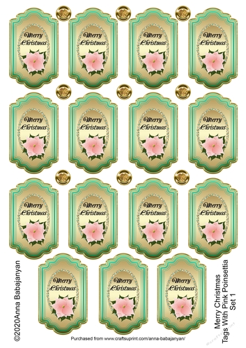 Merry Christmas Tags With Pink Poinsettia Set 1