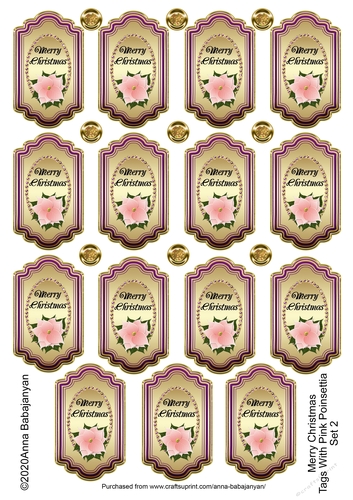 Merry Christmas Tags With Pink Poinsettia Set 2