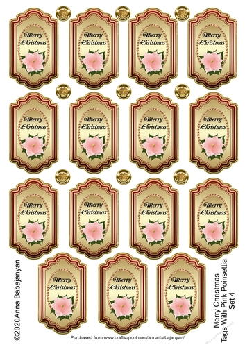 Merry Christmas Tags With Pink Poinsettia Set 4