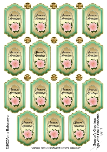 Seasons Greetings Tags With Pink Poinsettia Set 1