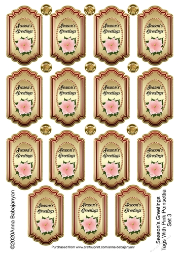 Seasons Greetings Tags With Pink Poinsettia Set 3