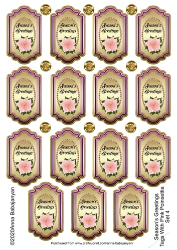 Seasons Greetings Tags With Pink Poinsettia Set 4