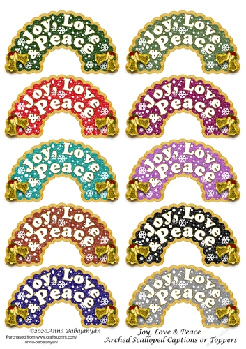 Joy, Love & Peace Arched Scalloped Captions or Toppers